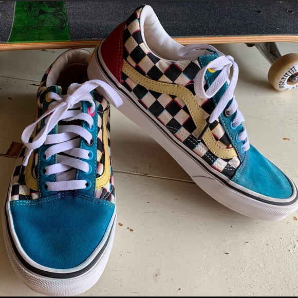 blue pink yellow checkerboard vans